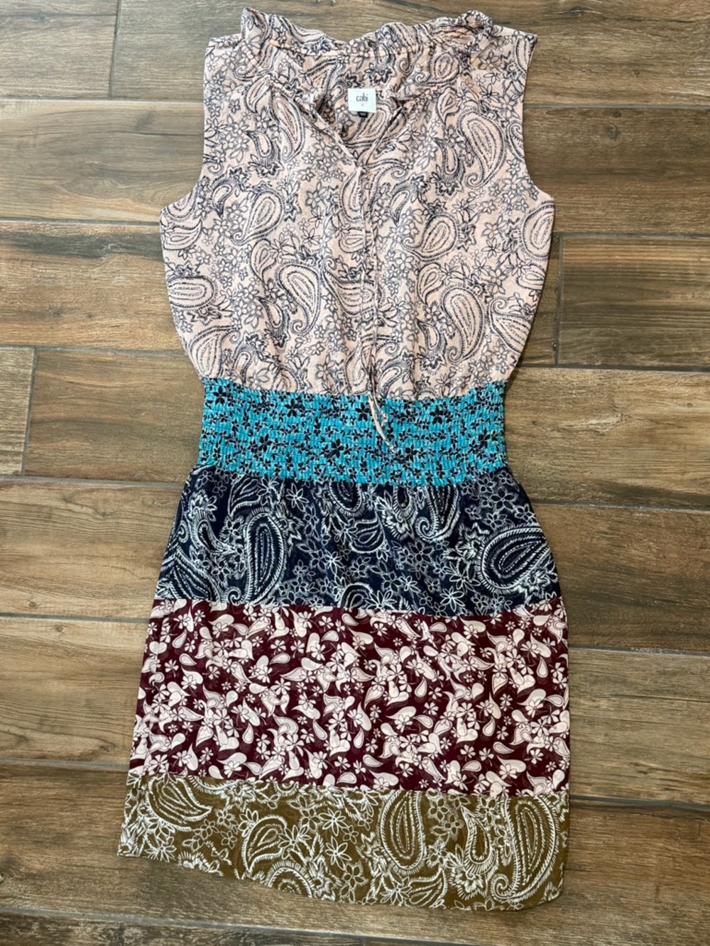 Sleeveless Mixed-Print Tiered Dress in Pink, Teal, Navy, Burgundy & Olive